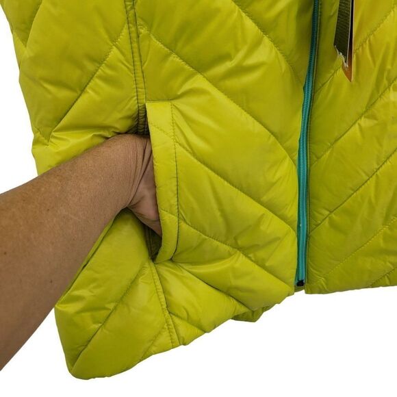 Tek Gear Puffer Vest M Chartreuse Quilted Contrasting Hood Zip Pockets Gorpcore - Picture 5 of 12